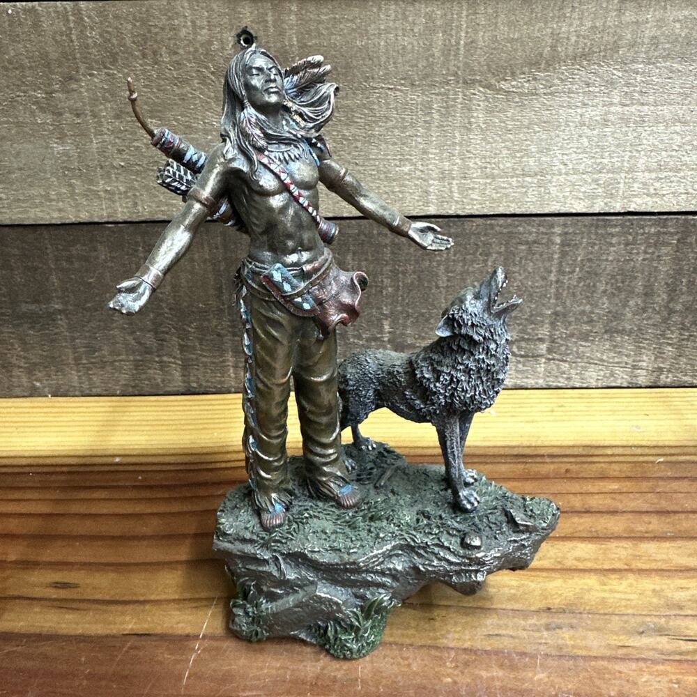 Native American Warrior Praying With Wolf Statue 7.5” Cold Cast Bronze -flaw